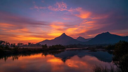 Obraz premium A river with water in the foreground and trees in front, while the sun sets behind a mountain range