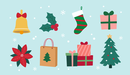 Set of Christmas elements. 
Cute vector illustration in flat style.
Collection of Bell, holly, Christmas stocking, gift boxe, poinsettia, shopping bag, Christmas tree.