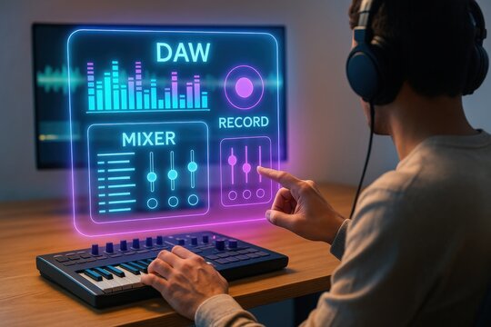 Creating electronic music at home daw software and mixer setup home studio digital music production intimate environment close-up view audio innovation