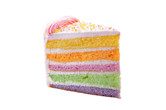 Delicious rainbow layer cake slice with pink frosting and sprinkles isolated on white transparent background