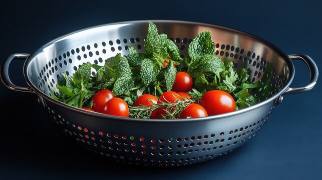 Freshly washed kale and cherry tomatoes in a metal colander