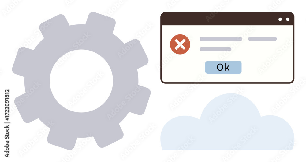 Aufkleber gear icon, error message popup, and cloud symbolizing system failure, troubleshooting, and online fu