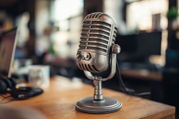 Business podcast recording in a modern office space with a vintage microphone and a professional setup to engage listeners during a lively discussion
