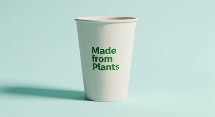 A biodegradable cup made from plants, featuring green text that reads 'Made from Plants'. The cup is placed against a light blue background.