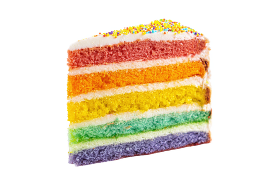 Rainbow cake slice with sprinkles, isolated on white transparent background
