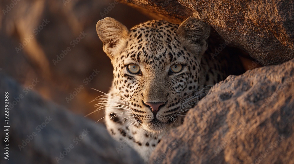 Poster a close-up of a leopard in the foreground, with rocks in both the foreground and background a tree i