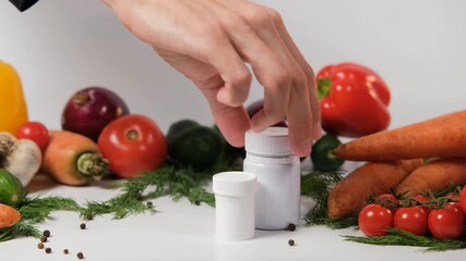 A male hand is placing bottles of multivitamins and supplements on a white surface surrounded by colorful, fresh organic vegetables, promoting a healthy diet and lifestyle