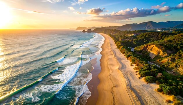 Panoramic sunset view of a pristine beach