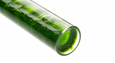 Test tube containing green algae, representing bio renewable industries and sustainable energy solutions. The liquid is vibrant and clear, showcasing algae growth.