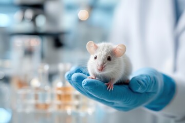 Scientist conducts research in laboratory while observing a laboratory mouse during an experiment on animal health and behavior