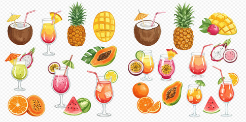 Watercolor illustration featuring a variety of tropical fruits and colorful cocktails with straws and umbrellas.