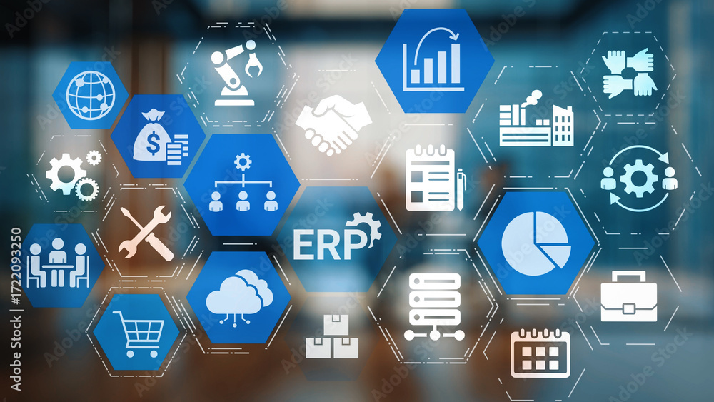Poster erp icons show management, integration, and business process. erp supports data management, erp effi