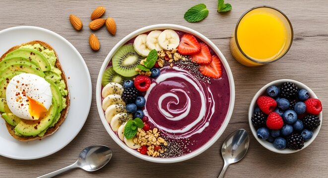 A delicious and nutritious breakfast featuring a smoothie bowl with fresh fruits, avocado toast, orange juice, and a bowl of mixed berries, perfect for a balanced and energizing start to the day.

