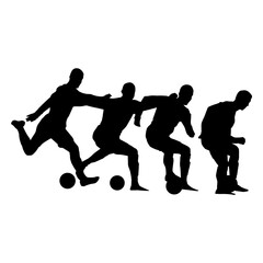A dynamic silhouette of four soccer players interacting during a game, showcasing the action and athleticism of the sport.