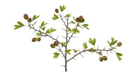 Thorny branch with small green leaves and brown seed pods isolated on white background