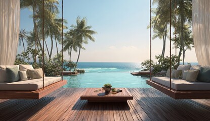 Obraz premium an outdoor wooden deck with two suspended seating areas, overlooking the ocean and palm trees in front of it. the scene is captured from an eye-level perspective,