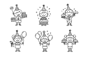 Obraz premium Kids' Celebration Outline Icon Set – Child with Birthday Cake, Balloon with Cupcake, Party Hat – Vector Line Icons for Children's Parties, Festive Events, and Happy Moments