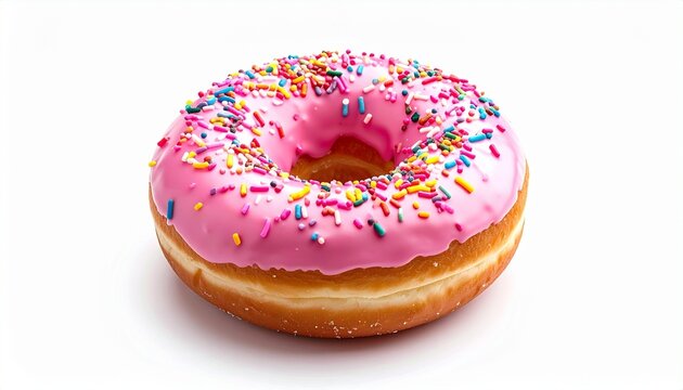 Single donut with glossy pink icing and colorful sprinkles in blue, yellow, white, and orange, placed on a clean white background for a vibrant and festive dessert presentation.