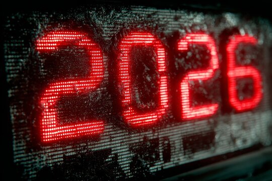 Damaged digital LED display with red number 26 and static noise symbolizes technology failure and electronic malfunction