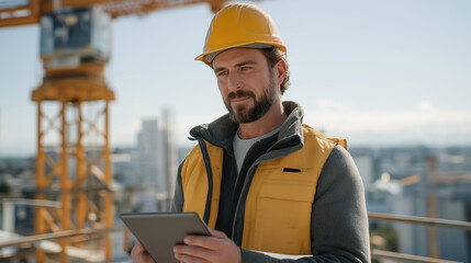 Obraz premium Foreman reviewing high rise site progress tablet plans hammering workers below swinging crane city skyline. Commanding photo with screen data crane cables site leadership.