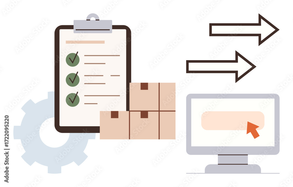 Poster complete checklist on clipboard, stacked boxes, computer screen with arrow cursor, and directional a