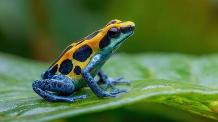 Fototapeta premium Yellow and black frog on green leaf with water drops during sunshine