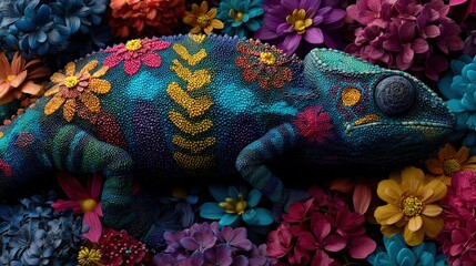 Obraz premium A chameleon perched amidst a sea of blooms, its vibrant hue blending effortlessly with the floral bed beneath