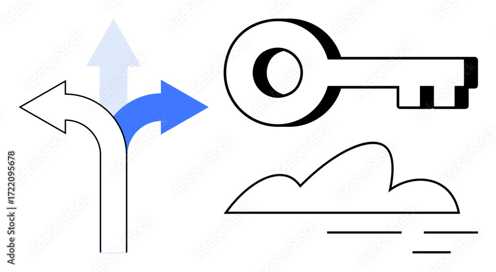 Aufkleber key symbol next to arrows pointing in multiple directions, signifying decisions and potential pathwa