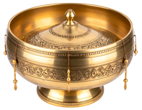 Intricately designed brass bowl with ornate engravings and decorative hanging elements, showcasing craftsmanship.