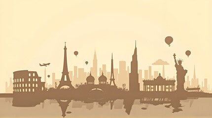 Silhouette of famous global landmarks and city skylines reflected in water, depicting international travel and tourism.
