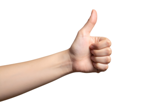 A close-up view of a hand giving a thumbs-up gesture against a plain black background, symbolizing approval.