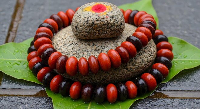 Colorful decorative stones and beads arranged on green leaves. The scene represents Diwali, showcasing traditional elements of the festival.