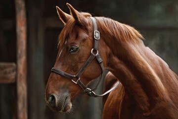 Fototapeta premium Colorful horse banner featuring a realistic brown horse in a serene barn environment during early morning light, showcasing the horse's beauty and calm demeanor