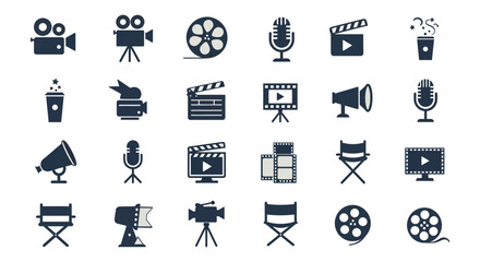 Collection of film video and audio production related icons in monochrome