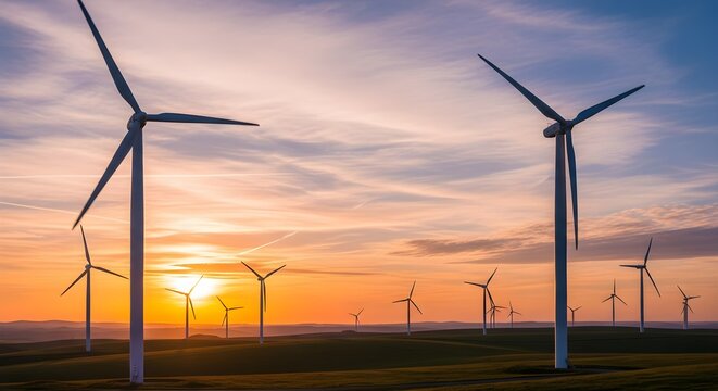 Wind turbines generating renewable energy on a scenic landscape at sunset, symbolizing clean power, sustainability, green technology, and the future of eco-friendly solutions for environmental conserv