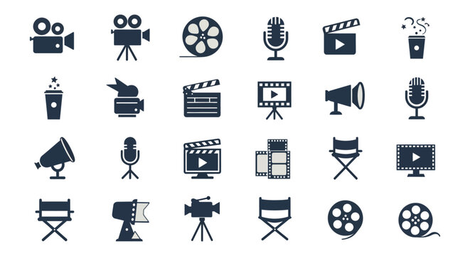 Collection of film video and audio production related icons in monochrome