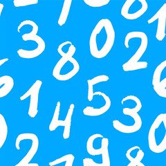 White handwritten numbers scattered on blue background. Seamless pattern design