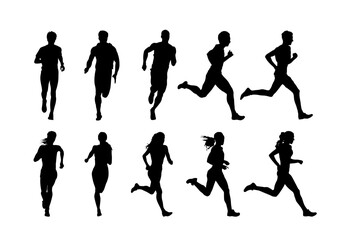 Run, group of marathon running men and women, set of isolated vector silhouettes. Track and field athletes
