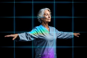 Senior woman in scrubs meditates with augmented reality grid overlay for health and wellness