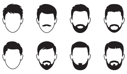Vector collection of men’s grooming icons, trendy haircut and beard illustrations in outline style