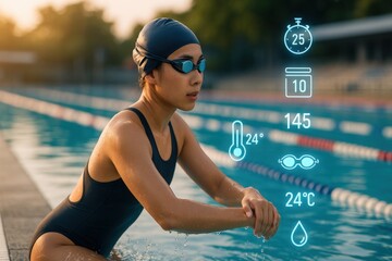 Swimming training session competitive swimming pool infographic data evening light close-up view athlete performance metrics