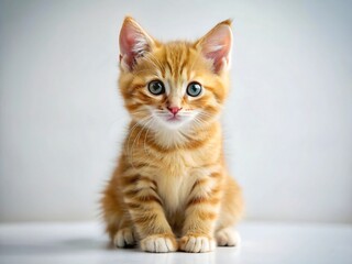 Adorable orange tabby kitten sitting and looking at the camera, isolated on white background in studio shot