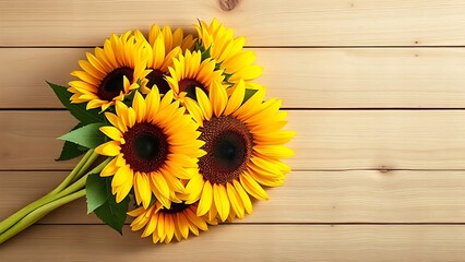 Sunflower bouquet on a rustic wooden surface with warm directional lighting.