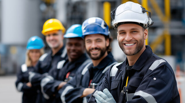Team of multinational engineers wearing helmets at an oil innovation summit.