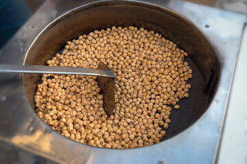 Traditional roasted chickpeas in a pan.