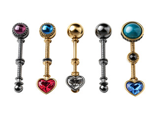 Collection set of body piercing barbells with colorful heart gemstones and metal accents isolated on transparent or white background, png
