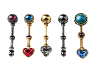 Collection set of body piercing barbells with colorful heart gemstones and metal accents isolated on transparent or white background, png