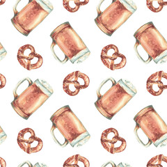 Mug of Beer with pretzel seamless pattern. Pint light beer, glass of ale and traditional Germany food and drink. Watercolor hand painted on isolated white background illustration. Bavarian Oktoberfest