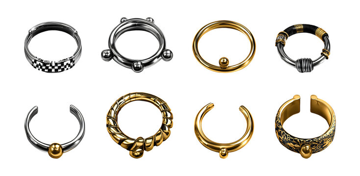 Collection set of metal rings and ear cuffs jewelry in gold and silver finishes isolated on transparent or white background, png
