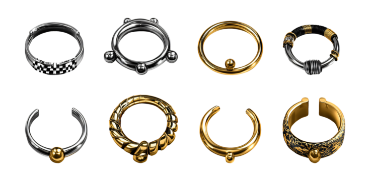 Collection set of metal rings and ear cuffs jewelry in gold and silver finishes isolated on transparent or white background, png